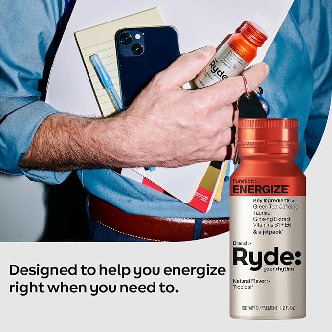 Ryde: Energize Shot | Tropical Flavor | Green Tea Caffeine, Taurine, Ginseng Extract & B Vitamins | 0 Calories, 0 Sugar | 2 FL OZ Shots | Boosts energy* (24 Pack)