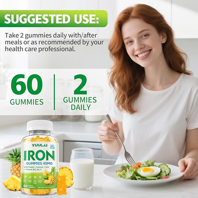 Iron Gummies for Women & Men, Iron Supplement Plus Calcium, Zinc, Folate & Vitamin B12, C, B6 - Energy Support, Immune Health, Pineapple Flavor, 60 Count