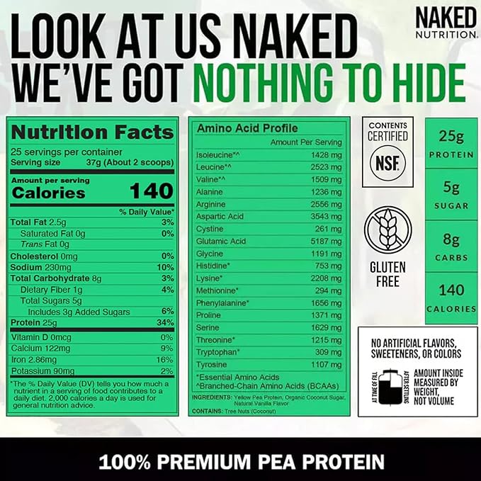 NAKED Vanilla Pea Protein Isolate from North American Farms, Only 3 Ingredients, Vanilla Vegan Protein, NSF Certified, Gluten-Free, Soy Free, GMO Free - 2LB