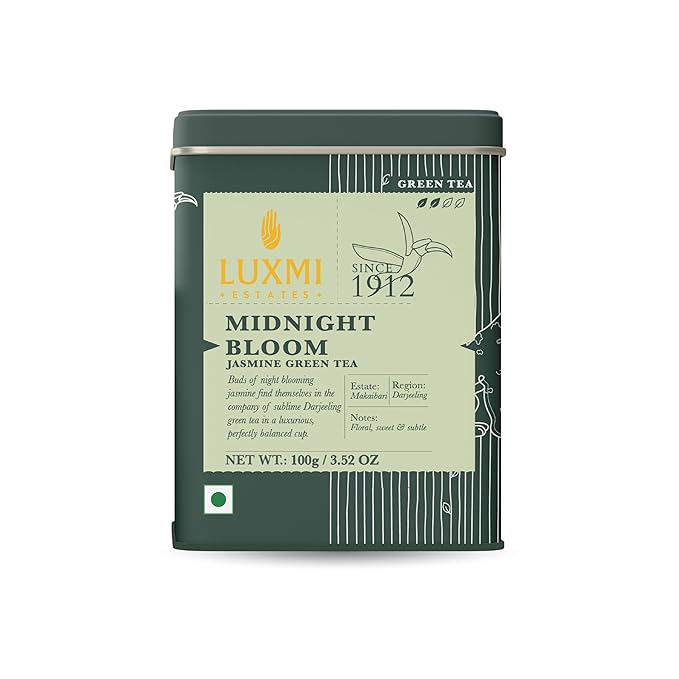 Luxmi Estates Jasmine Green Loose Leaf Tea 100g/3.52oz (50 cups), Midnight Bloom in Tin Caddy