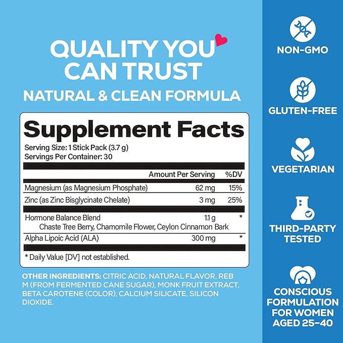 MOLO Hormone Balance for Women – ALA for Cycle Regulation, Magnesium & Zinc for Mood Support and Hormone Balance - 30 Stick Packs with Sweet Orange Flavor – Vegetarian, Gluten-Free & Non-GMO