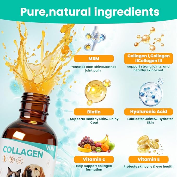 Liquid Collagen for Dogs Cats-Hip & Joint Support, Itch Relief, Skin & Coat Health-Collagen Drop Supplement with Triple Complex (Types I, II,V),MSM, Biotin & Ginger-2 fl oz Bacon Flavor