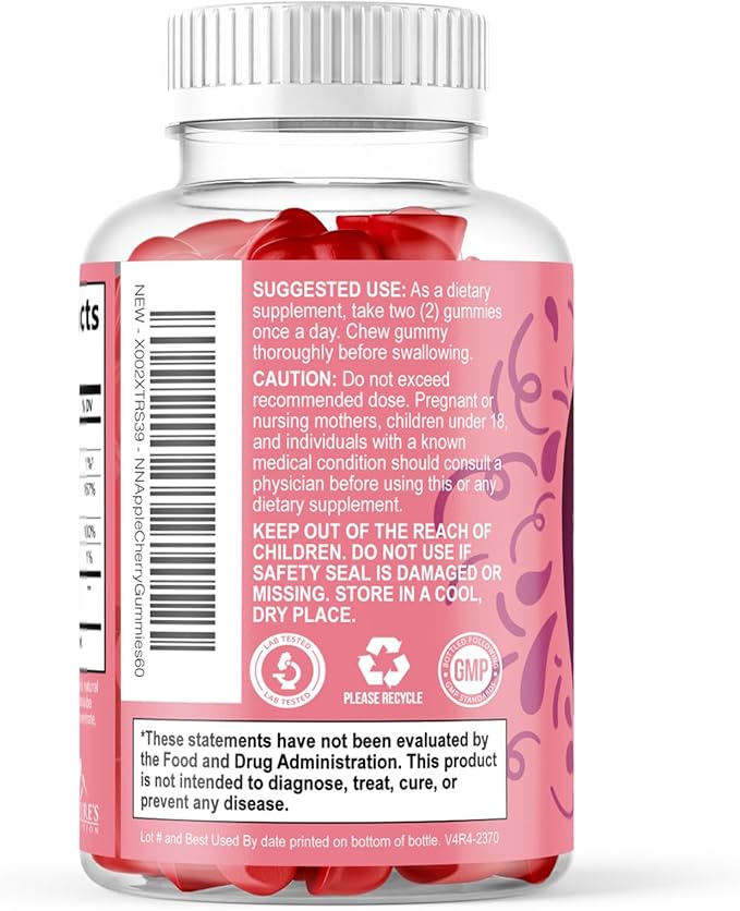 Apple Cider Vinegar Gummies 1000mg Per Serving - Sugar Free ACV Gummy Vitamins Supplement with Vitamin B12 for Energy - Keto Friendly Digestion, Detox, Cleanse Support, Vegan, Non-GMO - 60 Gummies