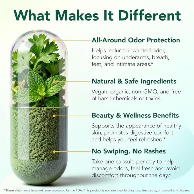 Chlorophyll Capsules Internal Deodorant Supplement, Natural Body Odor Control for Whole Body Freshness, Chlorophyll with Parsley & Mint for Breath, Gut & Digestive Support, Vegan, 120 Capsules