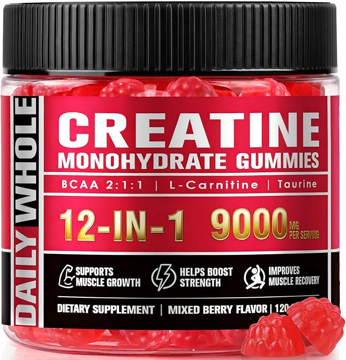 12 IN 1 Creatine Monohydrate Gummies Complex 9000mg for Women and Men to Support Muscle, Creatina gummy with L-Carnitine, B12, BCAA 2:1:1, Sugar Free, Non-GMO & Vegan, 120 Gummies, Mixed Berry Flavor