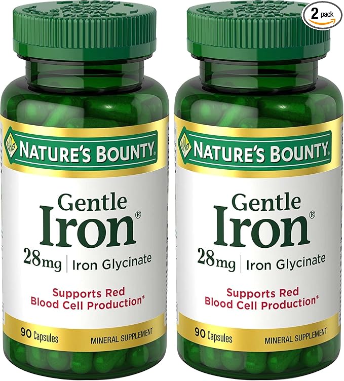 Nature’s Bounty Gentle Iron 28 mg Capsules with Vitamin C,Folic Acid,Vitamin B-12 Iron Supplement,Non-GMO,Gluten-Free,90 Count (Pack of 2)