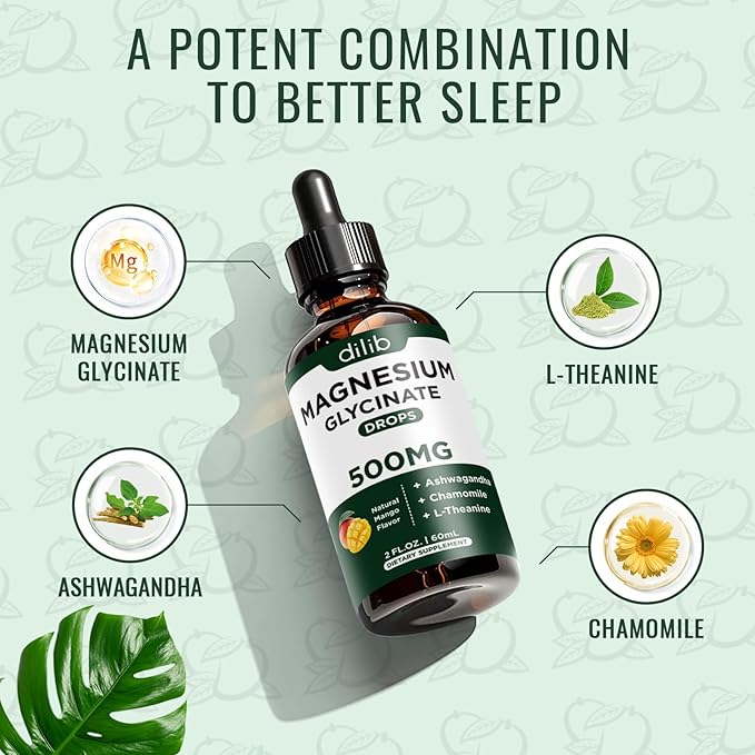 Magnesium Glycinate Supplement, Magnesium Liquid Drops with Magnesium Glycinate 500mg Ashwagandha, L - Theanine, Chamomile -Support Stress Relief, Bone, Muscle, Mood Vegan Natural Mango Flavor