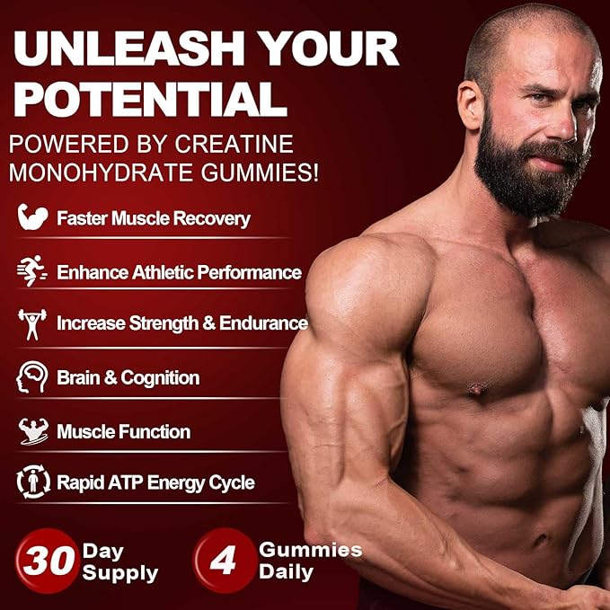 Creatine Monohydrate Gummies for Men & Women, 8500MG Creatine Gummies Sugar Free Strawberry Flavored with L-Taurine, BCAA 2:1, B12 B6 for Boost Strength, Focus & Endurance, Vegan, Non-GMO, 120pcs