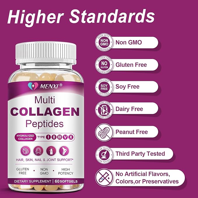 Multi Collagen Peptides Softgel for Women & Men - Type I, II, III, V, X - Hydrolyzed Collagen Peptides with Biotin, Vitamin C & Hyaluronic Acid - Support Skin, Hair, Nail & Joint - Non-GMO, 60 Softgel