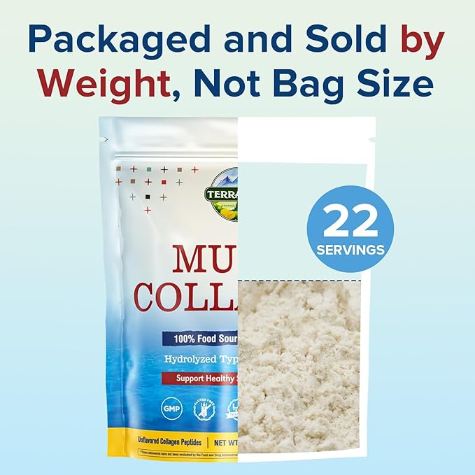 Terranics Multi Collagen Peptides Powder, 1lb, 20g Per Serving, Hydrolyzed Collagen Type I II III V X, Bovine Marine Chicken & Eggshell, No Sugar, Keto, Beauty & Movements Support, Unflavored, 16oz