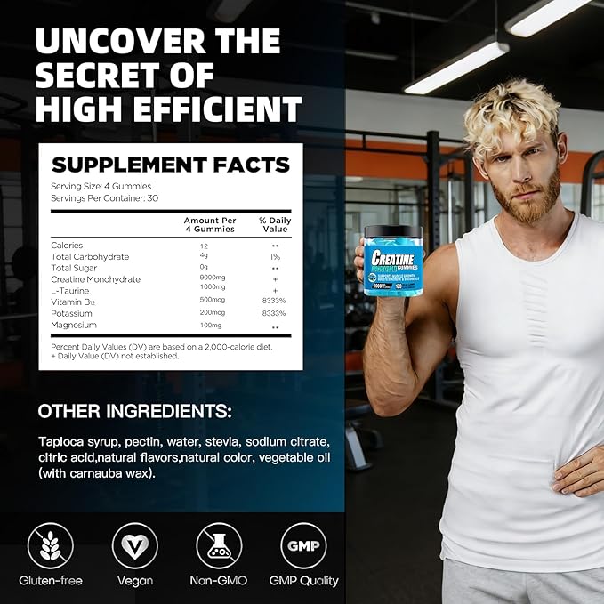 Creatine Monohydrate Gummies,Complex 9000 MG for Men & Women,Pre-Workout Gummies with BCAA, L-Carnitine, Taurine & Vitamin B12 for Enhanced Strength, Energy & Muscle Growth,0 Sugar, Vegan-120 Count