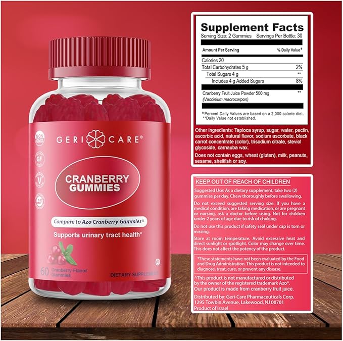 GeriCare Cranberry Gummies, Compare to AZO Naturally Sourced Cranberry Extract for UTI & Bladder Health, Antioxidant Support, Non-GMO, Gluten-Free, Vegan, Gelatin-Free, 60 Count (2 Pack)