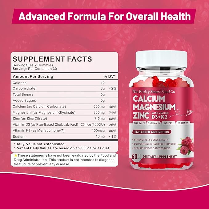 Calcium Magnesium Zinc Gummies with Vitamin D3 & K2 for Bone, Muscle & Immune Support - High Potency Enhanced Absorption - 60 Raspberry Gummies