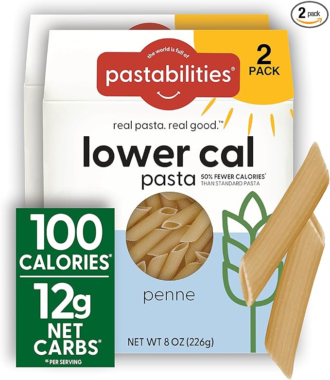 Pastabilities, Lower Calorie Pasta, Penne – 100 Calories per Serving, Low Net Carbs, Low Calorie, Non-GMO, High Fiber, Vegan, Plant-Based, Enhanced Nutrients, Delicious Taste & Texture (8 Ounce, 2 Pack)