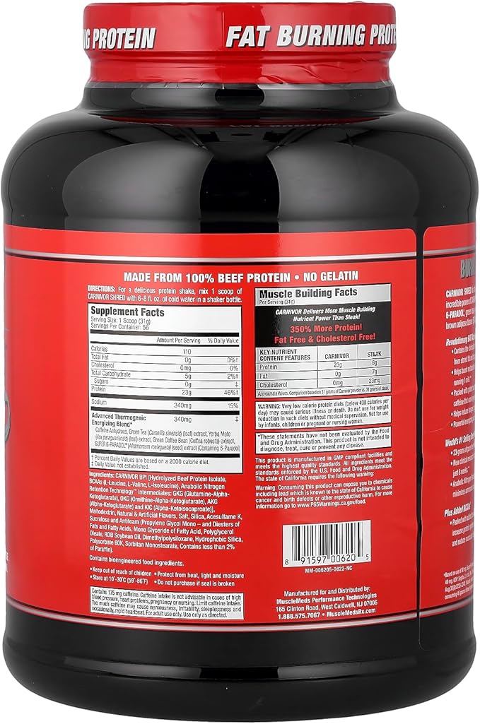 MuscleMeds Carnivor Shred Fat Burning Hydrolized Beef Protein Isolate, 0 Lactose, 0 Sugar, 0 Fat, Halal Certified, Vanilla Caramel, 4 Pound, 56 Servings