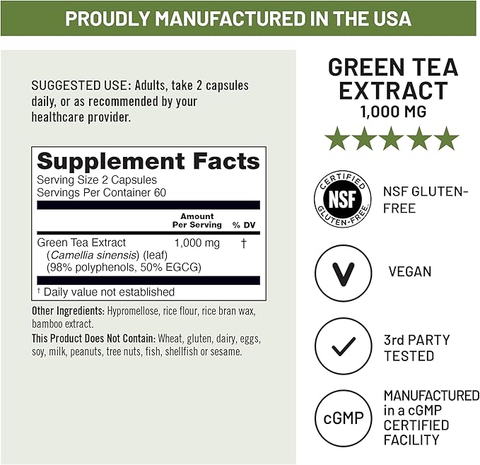 NatureWise Green Tea Extract Capsules 1000 mg - 50% EGCG & 98% Polyphenols - Extra Strength Green Tea Pills - Antioxidants for Heart Health & Energy - Vegan, Non-GMO - 120 Count[60-Day Supply]