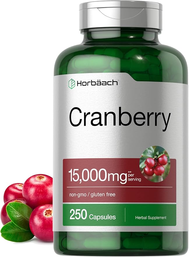Horbäach Cranberry Pills + Vitamin C | 250 Capsules | Non-GMO and Gluten Free Supplement from Concentrate Extract