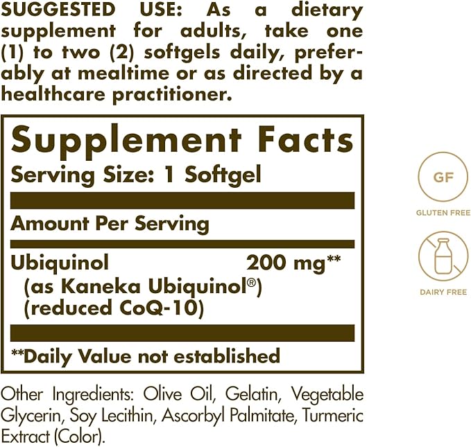Solgar Ubiquinol 200 mg (Reduced CoQ-10), 30 Softgels - Promotes Heart & Brain Function - Supports Healthy Aging - Coenzyme Q10 - Ubiquinone Supplement - Gluten Free, Dairy Free - 30 Servings