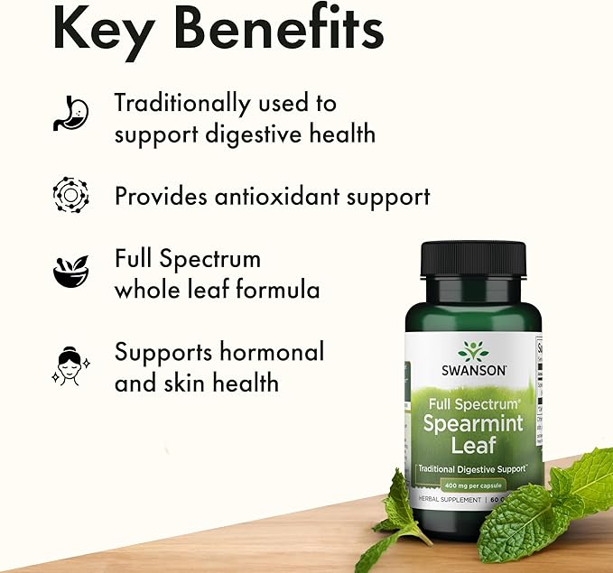 Swanson Spearmint Leaf Full Spectrum Digestive Supplement for Digestive-Comfort-Seeking Adults - 400 mg Mentha Spicata (60 Capsules, 3 Pack)