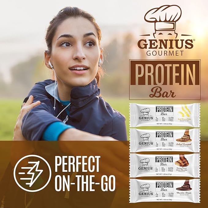 Genius Gourmet Protein Bar, Salted Caramel Keto Snack, Low Carb, Low Sugar & Gluten Free, Protein Snacks for Adults, 10G of Whey Protein per Protein Bar, 5 Net Carbs, 10 Count