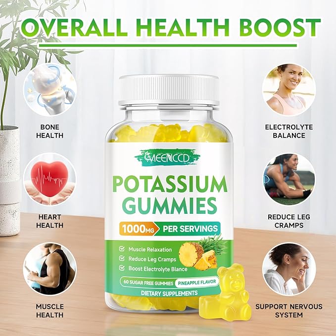 Potassium Citrate Gummies 1000mg, High Potency Potassium Supplement Gummies for Adults Women & Men, Support Muscle Health, Sugar-Free, Pineapple Flavor, 60 Count