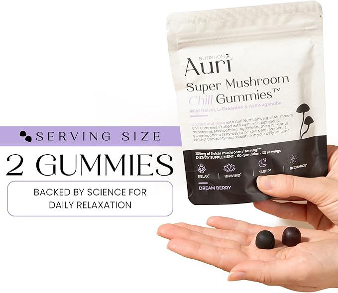 Auri Nutrition Super Mushroom Chill Gummies - Natural Calming Aid & Stress Reduction Supplement for Adults w/Reishi Mushroom, Ashwagandha, L-Theanine- Unwind Mind & Harmonize Your Day- 60 Calm Gummies
