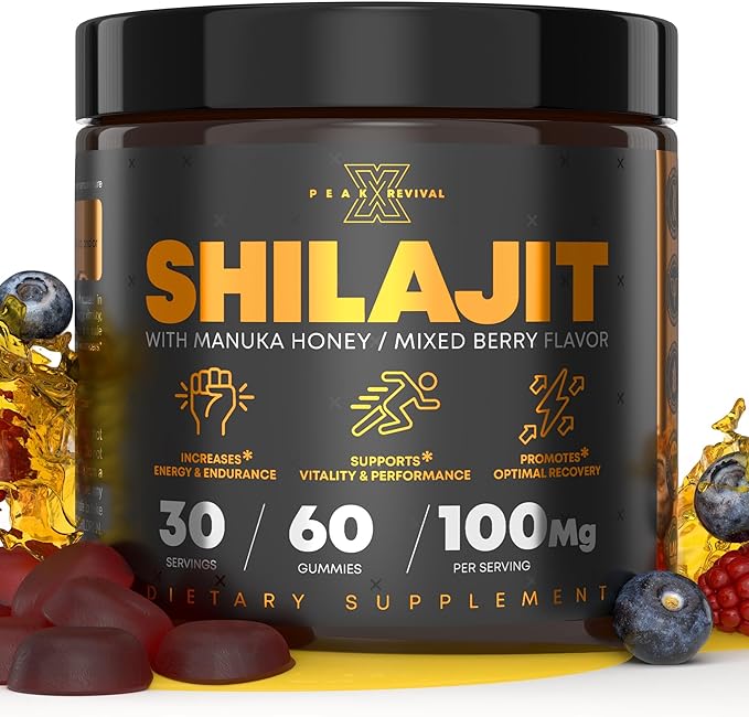 Peak Revival Shilajit Gummies with Manuka Honey - Promotes Optimal Recovery, Increases Energy & Endurance, Mixed Berry Flavor, 100mg per Serving, 60 Count (30 Servings)