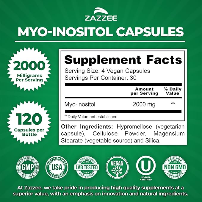 Zazzee Myo-Inositol Capsules, 2000 mg per Serving, 120 Vegan Capsules, Ideal Dosage for 40:1 Ratio, Certified Kosher, Hormone Balance & Healthy Ovarian Function Support, Non-GMO, Made in the USA