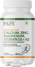 INLIFE Calcium Magnesium Zinc Vitamin D K2 Folic Acid & B12 Vegetarian Tablets, Bone & Joint Support Supplement | Calcium Supplement for Women Men - 120 Tablets (Pack of 1)