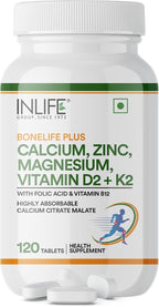 INLIFE Calcium Magnesium Zinc Vitamin D K2 Folic Acid & B12 Vegetarian Tablets, Bone & Joint Support Supplement | Calcium Supplement for Women Men - 120 Tablets (Pack of 1)