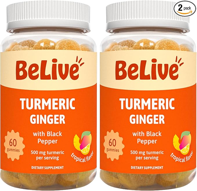 BeLive Turmeric and Ginger Gummies - 500mg - Joint and Mobility Support Supplement - Curcumin with Black Pepper for Enhanced Absorption - Tropical Flavor - 2 Pack, 120 Count