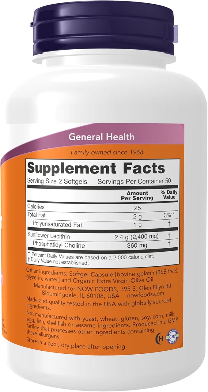 NOW Foods Supplements, Sunflower Lecithin 1200 mg with Phosphatidyl Choline, 100 Softgels