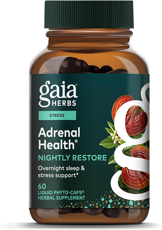 Gaia Herbs Adrenal Health Nightly Restore - Herbal Supplement with Ashwagandha, Magnolia Bark, Cordyceps, Lemon Balm & More* - 60 Vegan Liquid Phyto-Caps (30 Servings)