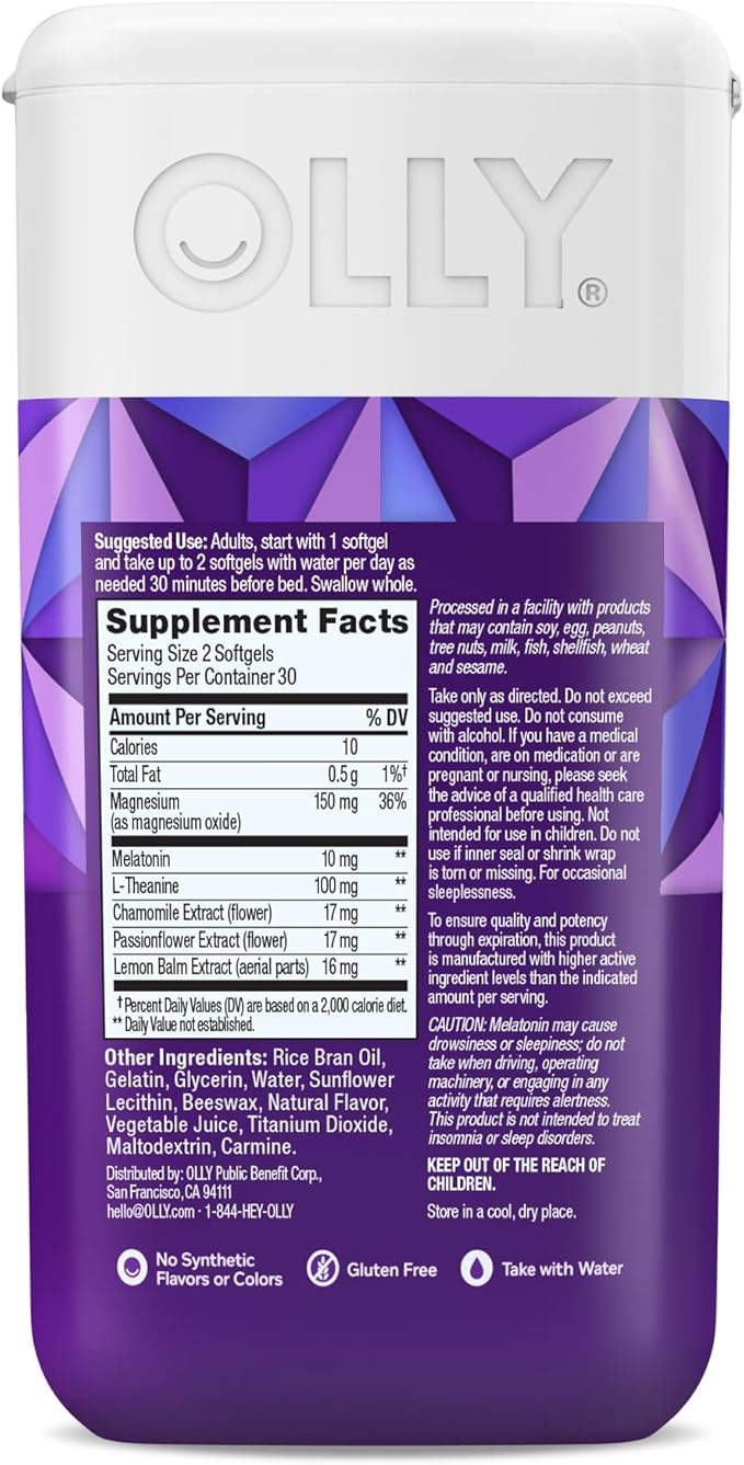 OLLY Ultra Strength Sleep Softgels, 10mg Melatonin, L-Theanine, Chamomile, Magnesium, Lemon Balm, Supports Deep Restful Sleep, Nighttime Sleep Aid, Non Habit-Forming - 60 Count (Pack of 2)