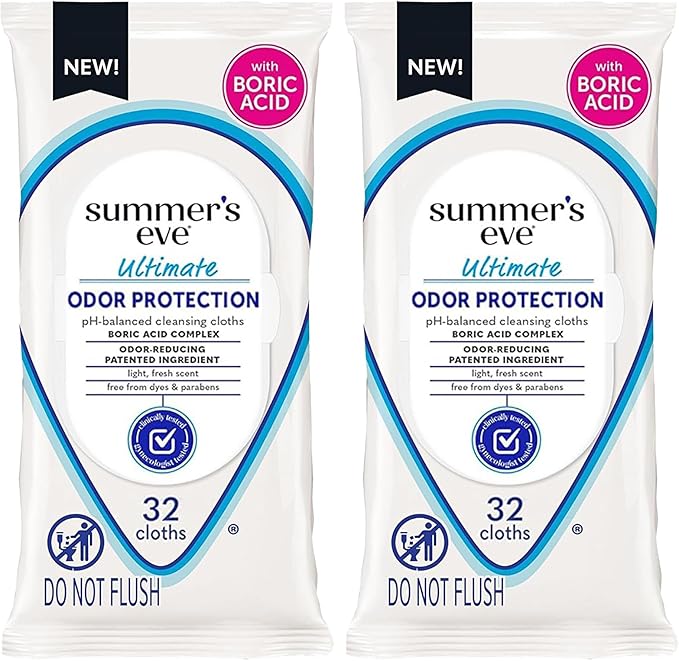 Summer's Eve Ultimate Odor Protection Daily Feminine Wipes, Gentle pH-Balanced Formula with Boric Acid Cleanses & Removes Vaginal Odor, Resealable Pack, 32 Body Wipes (Pack of 2)