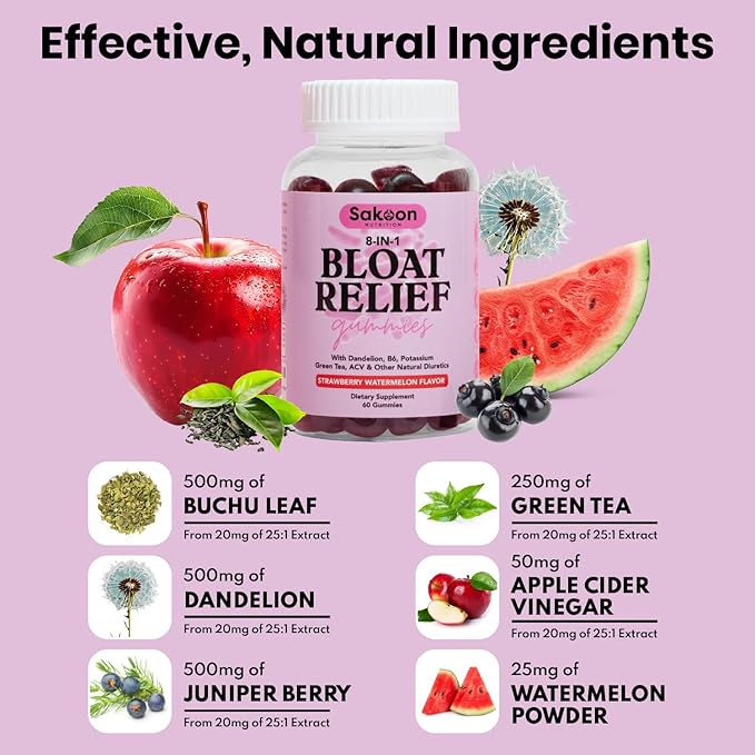 Sakoon nutrition Bloating Relief Gummies for Women - Green Tea, ACV, Dandelion, Buchu Leaf, Natural Digestion Support, 60 Gummies, Watermelon Flavor