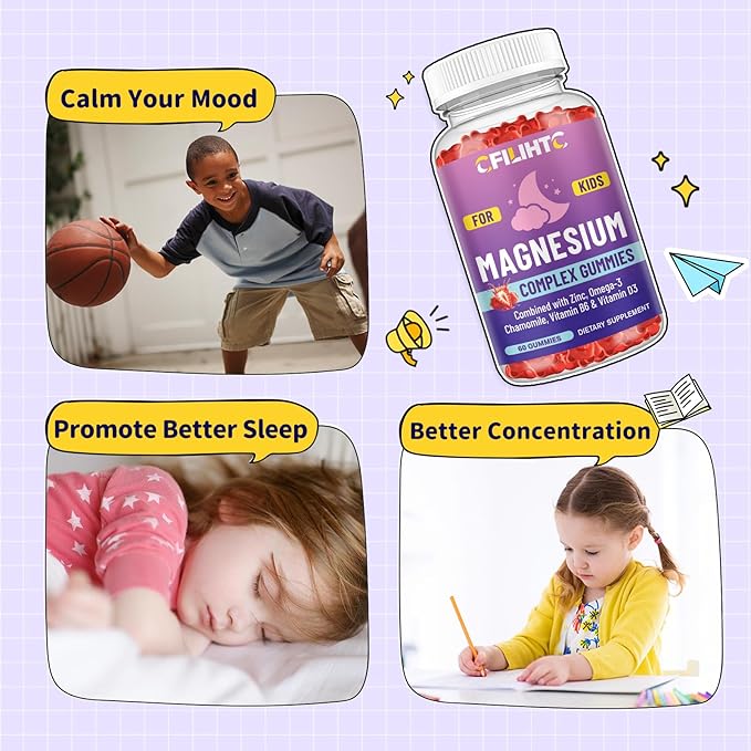 Kids Magnesium Gummies-Magnesium Glycinate Gummies for Kids Supplement-w/Zinc, Chamomile, Omega-3, Vitamin B6, D3 - for Sleep, Relaxation, Brain, Bones, Children's Calm, Sugar Free Strawberry 60ct