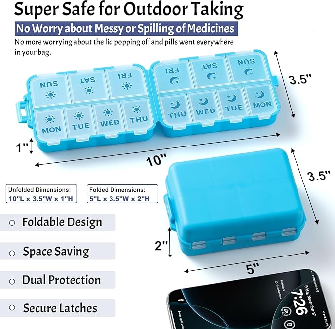 NEW Foldable & Double Protection Portable Weekly Pill Organizer 2 Times A Day with Etched Labels, AM PM 7 Day Week Medicine Box, Daily Travel Pill Case Holder Dispenser for Vitamin, Supplement - Blue