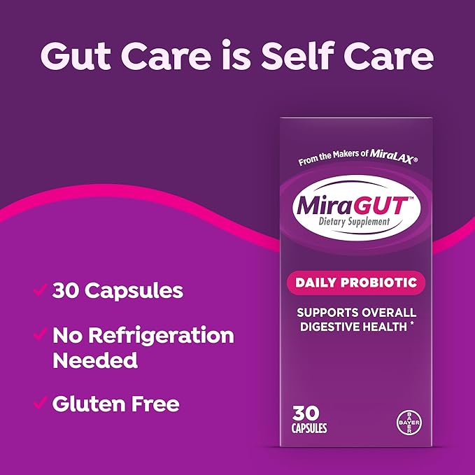 from The Makers of MiraLAX, MiraGUT Daily Probiotic, Probiotics for Digestive Health, Gluten-Free Supplement, Probiotic for Women and Men, Support Overall Digestive Health, 30 Ct