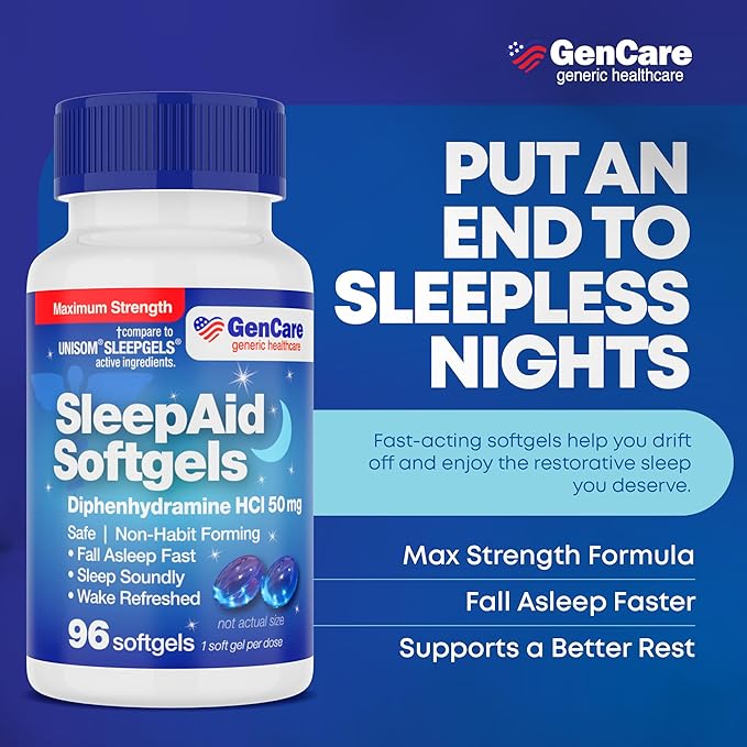 GenCare Maximum Strength Nighttime Sleep Aid Supplement for Adults Deep Sleep Pills with Diphenhydramine HCl 50mg to Fall Asleep Faster- Strong Non-Habit Forming PM Sleeping [96 Softgels] (Pack of 2)
