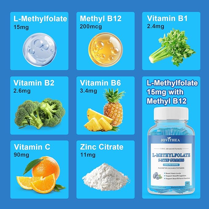 L-Methylfolate 15mg Gummies with Methyl B12, Folate 5-MTHF Supplement for Mood, Brain Health, Cognition & Immunity, Sugar Free, Vegan, Non-GMO, 60 Count