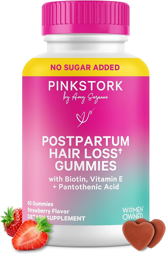 Pink Stork Postpartum Hair Loss Gummies | Biotin, Pantothenic Acid, Vitamin E, B6, B12 | Postnatal Hair Growth + Regrowth Support | Breastfeeding-Friendly | Postpartum Essentials | 60 Gummies