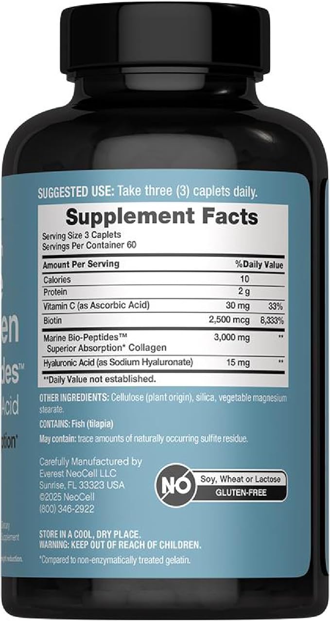 NeoCell Marine Collagen Peptides Supplement | 180 Caplets | with Hyaluronic Acid | Double Strength Formula | Nails, Skin, & Hair