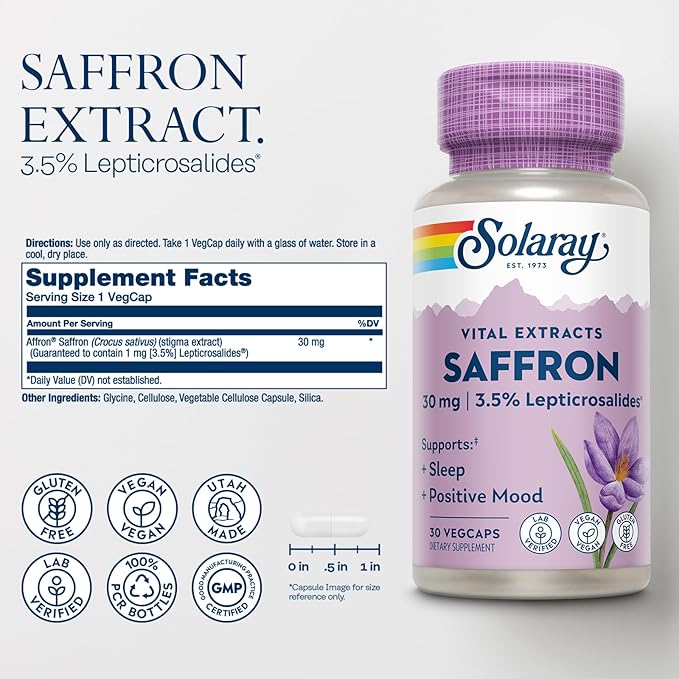 SOLARAY Saffron Extract - Sleep and Positive Mood Support - Vegan and Gluten Free Saffron Supplements - Lab Verified - 60-Day Guarantee - 30 Servings, 30 VegCaps