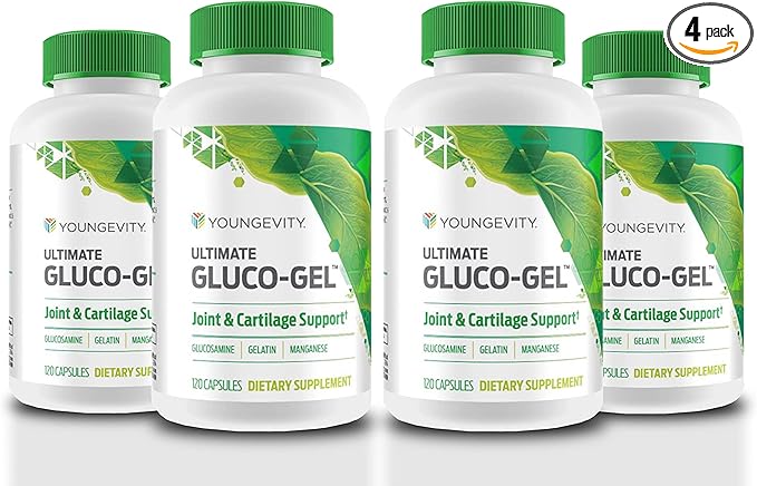 Youngevity Ultimate Gluco-Gel -for Bones, Tendons, Bones & Cartilage | Contains Glucosamine, Gelatin & Manganese | 120 Capsules | 4 Bottles