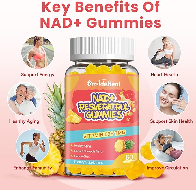 NAD+ Resveratrol Gummies NAD+ Supplement 500mg with Vitamin B3 & TMG – Healthy Aging, Energy & Cellular Health Support – Vegan Friendly, Natural Pectin – 60 Gummies, 30-Day Supply