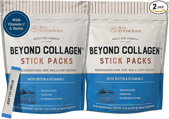 Live Conscious Beyond Collagen Peptides Powder Unflavored Packets-Hydrolyzed Collagen Powder-Hair Skin Nail & Joint Support- I II III V & X Grass-Fed Collagen Supplements for Women & Men 30 Pack (2pk)
