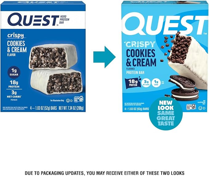Quest Nutrition Crispy Cookies & Cream Hero Protein Bar, 18g Protein, 1g Sugar, 3g Net Carb, Gluten Free, Protein Snack, Keto Friendly, 4 Count