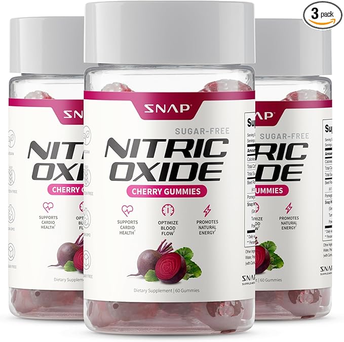 Snap Supplements Nitric Oxide Gummies - Beet Root Extract 300mg, Sugar Free Beetroot Supplement with Pomegranate Powder for Circulation & Natural Energy, 60 Vegan Gummies (3-Pack), Cherry Flavor