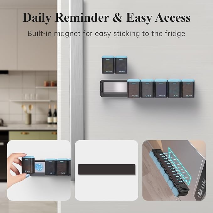 KOVIUU Weekly Pill Organizer Magnetic, Removable Pill Box 7 Day 1 Time a Day, Large Pill Case Travel, Week Once Daily Medication Dispenser, Medicine Container Holder for Supplement Vitamin, Blue